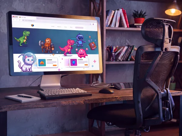 Illustration of an animated website on a monitor beside an empty desk chair.