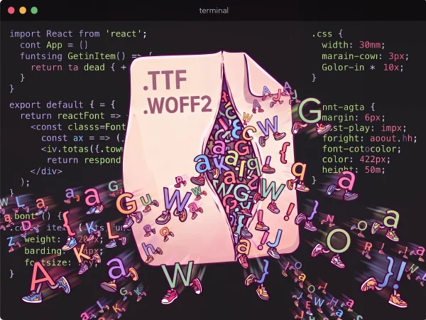 Illustration of colourful letters and numbers moving through a server room.