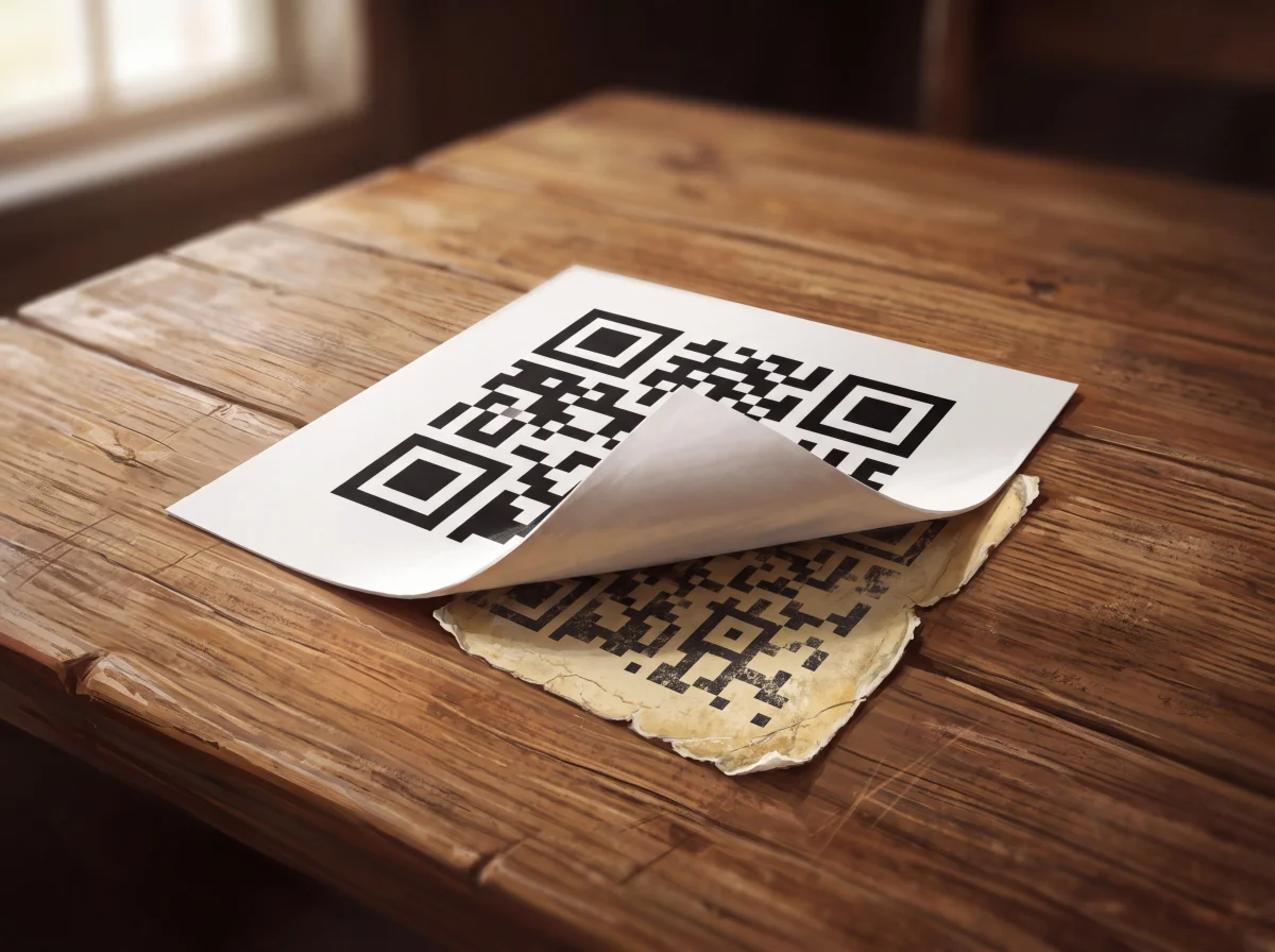 A QR code sticker peeling back to reveal an older QR code underneath on a wooden restaurant table.
