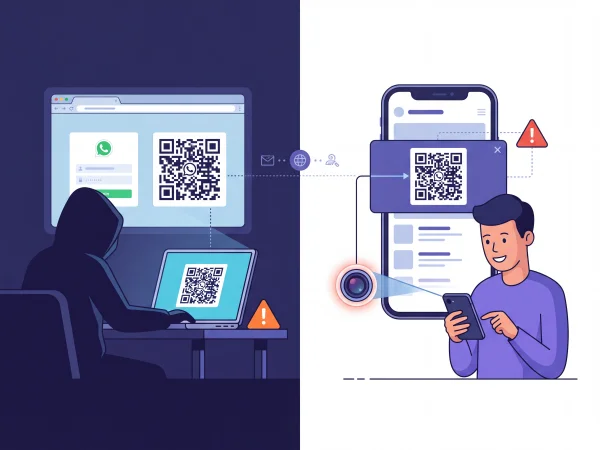 Illustration of a hooded attacker sharing a login QR code from a computer with a person scanning it on their phone, with warning symbols highlighting the scam.