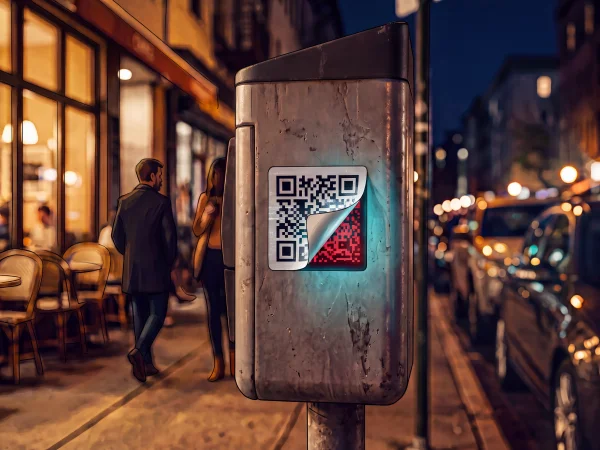 Illustration of a peeling QR code sticker revealing a red code underneath on a street fixture outside a restaurant at night.