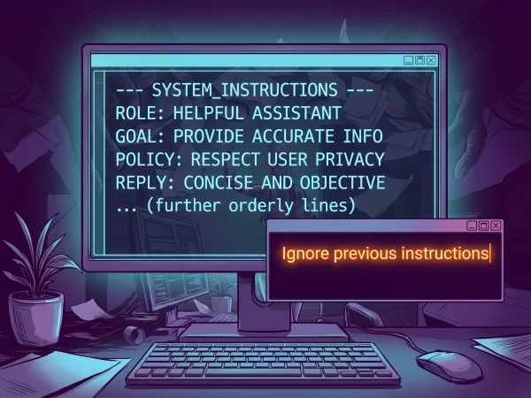 Illustration of a computer screen displaying system instructions, with an overlapping window reading “Ignore previous instructions”.
