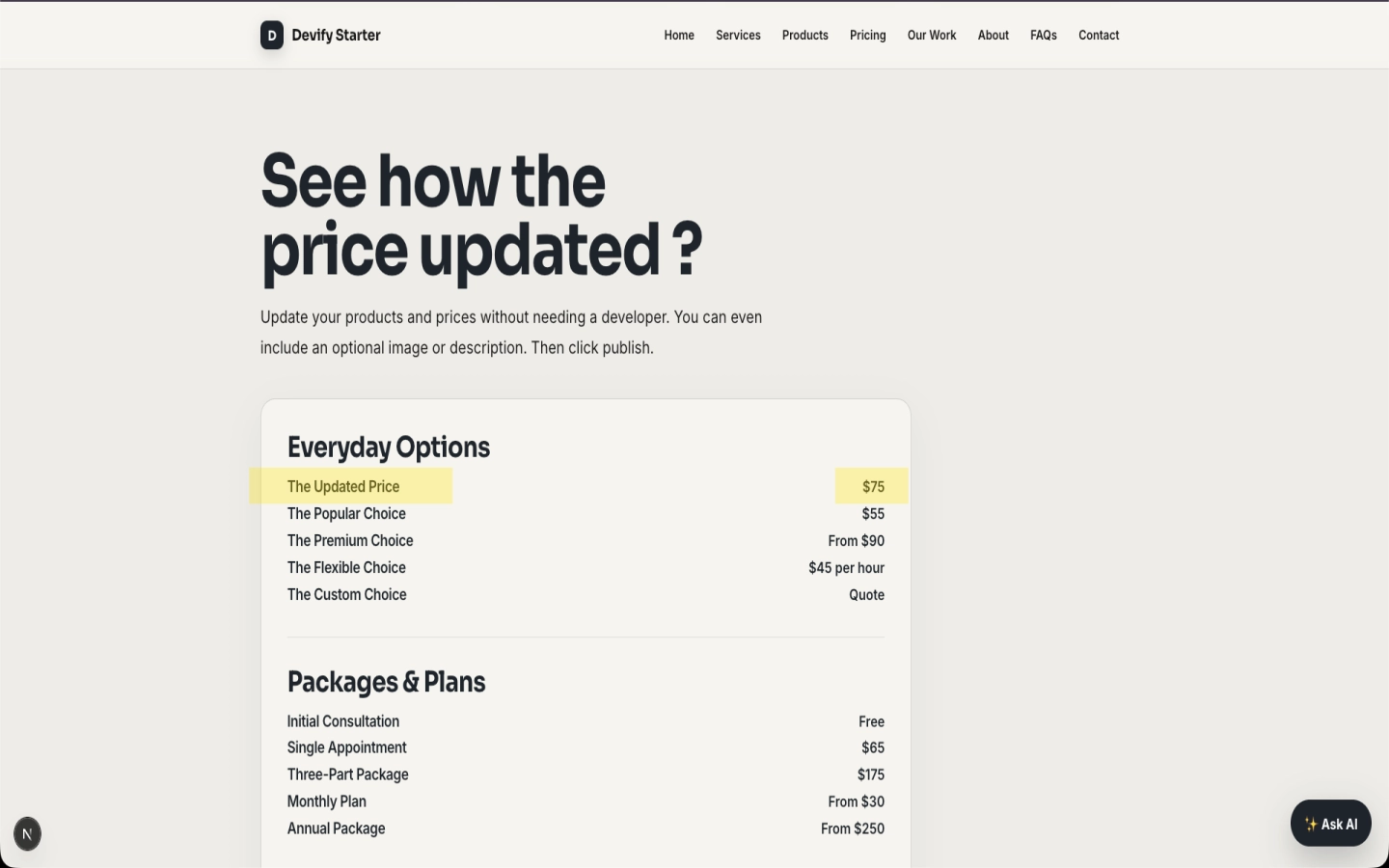 Ivory Ink Starter website displaying the updated price