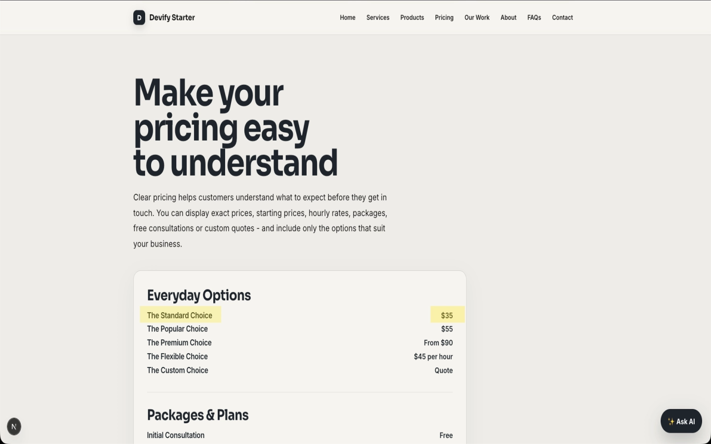 Ivory Ink Starter website showing its original pricing
