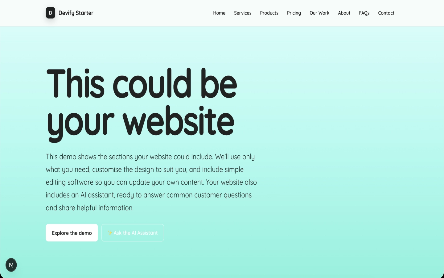 Mint Canvas Starter homepage before its background image is changed