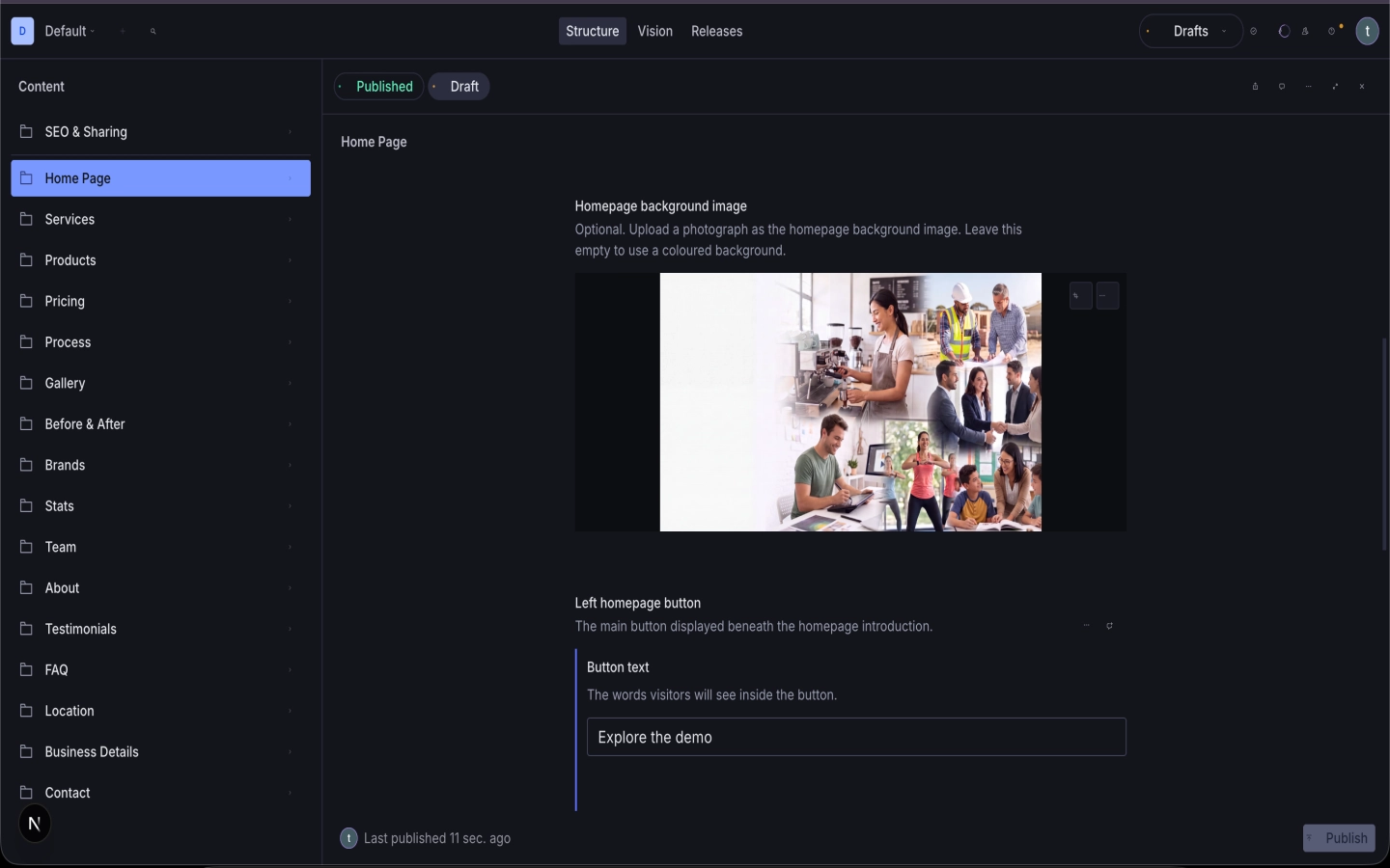 Selecting a new Mint Canvas homepage background image in Sanity Studio